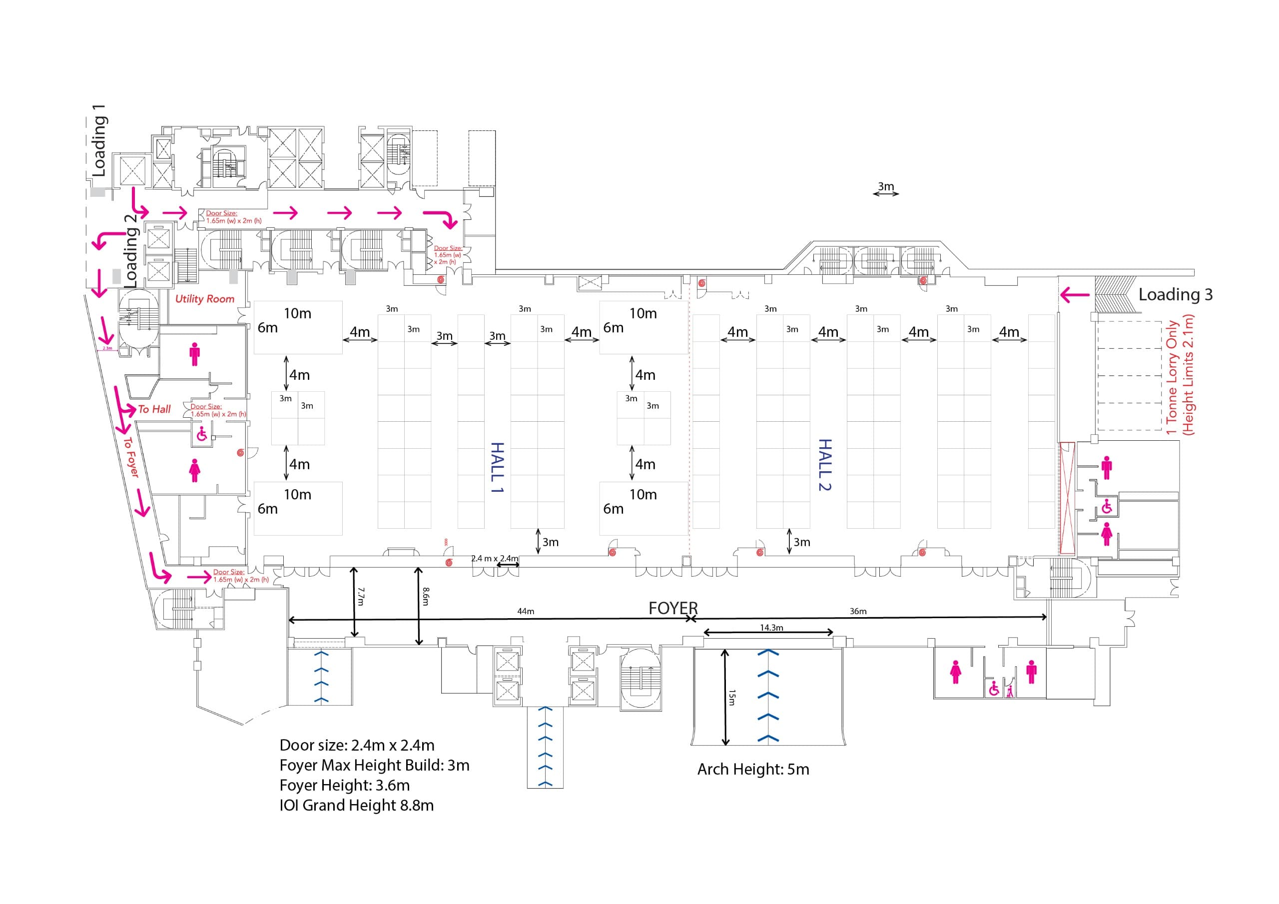 IOI Grand Exhibition & Convention Centre floor plan showing Halls 1 and 2, the foyer, and loading bays